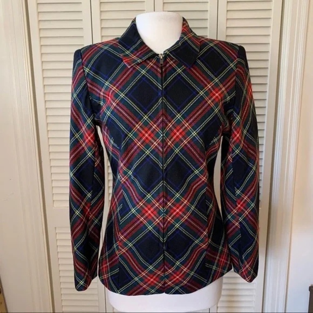 Vintage Halston wool tartan plaid jacket winter holidays Christmas
